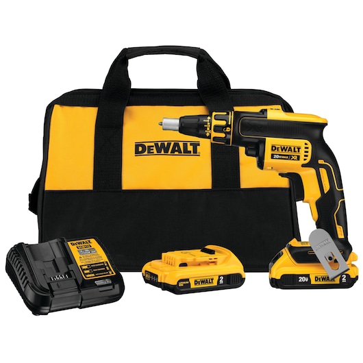 DEWALT cordless screw gun kit, featuring a black and yellow screw gun, two batteries, a battery charger, and a carrying bag.