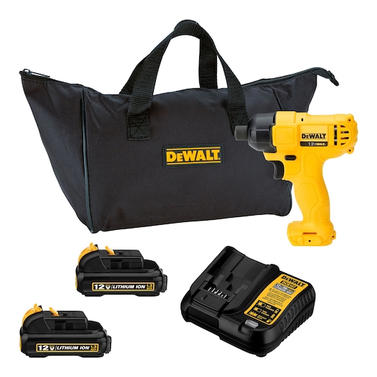 A DEWALT tool kit including a black carrying bag with DEWALT logo, a yellow cordless drill, two 12V lithium ion batteries, and a battery charger.