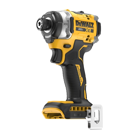 A DEWALT 20V XR cordless brushless impact driver, shown in yellow and black colors with a metal belt clip attached at the bottom. The tool is displayed upright and isolated on a white background.