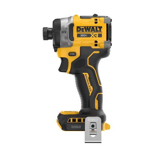 Side view of a DEWALT 20V XR brushless cordless impact driver with a black and yellow body, silver metal belt clip, and ergonomic grip. The tool is shown without a battery attached.