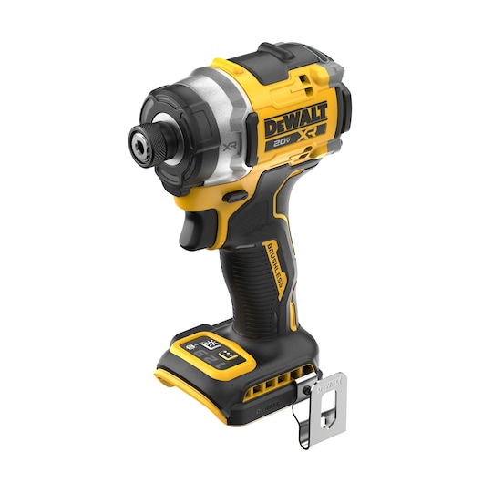 A DEWALT 20V XR cordless impact driver tool with brushless motor, featuring a yellow and black design, ergonomic handle, metal belt clip, and digital indicators at the base.