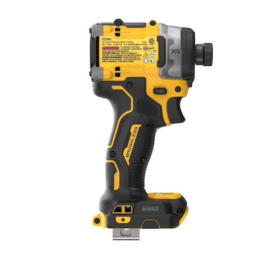 A DEWALT DCF860B cordless impact driver featuring a brushless motor, shown in a side profile. The tool is mainly yellow and black with manufacturer labels and warnings visible on its upper section. The handle has ergonomic contours and the DEWALT logo is displayed near the base.
