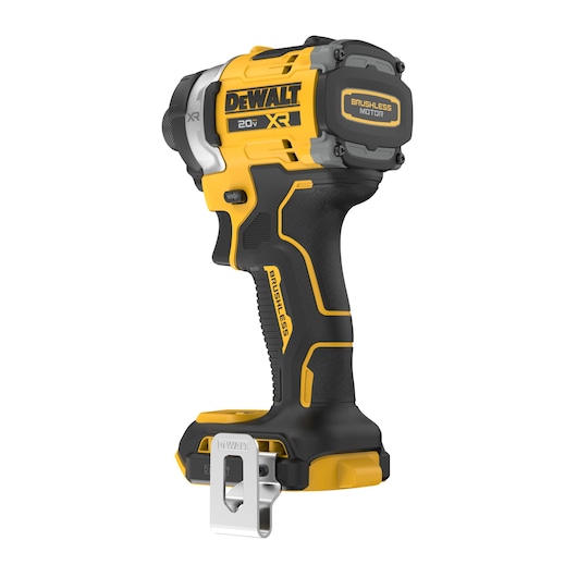A DEWALT 20V XR brushless cordless impact driver, shown from the side with a black and yellow body and metal belt clip at the base.