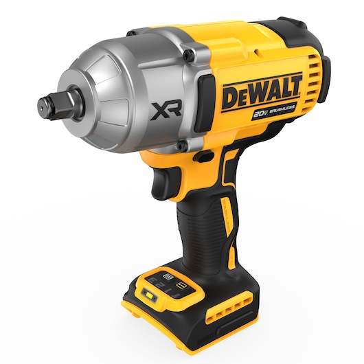 A DEWALT 20V brushless cordless impact wrench with a yellow and black design, showing the XR logo. The tool features a textured handle for grip and electronic controls at the base. The image is taken against a white background.