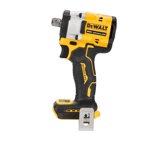 A DEWALT 20V brushless cordless impact wrench with a black and yellow body, shown standing upright on a white background.