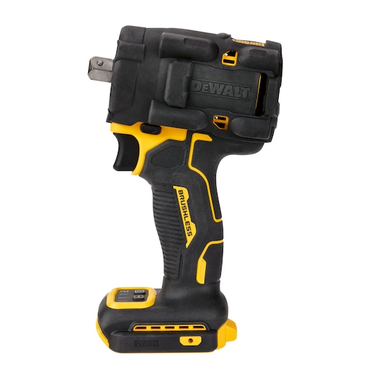 A DEWALT cordless brushless impact wrench, model DCF922B, with a black and yellow design. The tool is shown standing upright, with the DEWALT branding visible on the side.