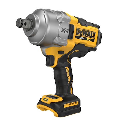 A DEWALT 20V XR cordless impact wrench, featuring a brushless motor, black and yellow body, and ergonomic handle. The tool is shown without a battery attached.