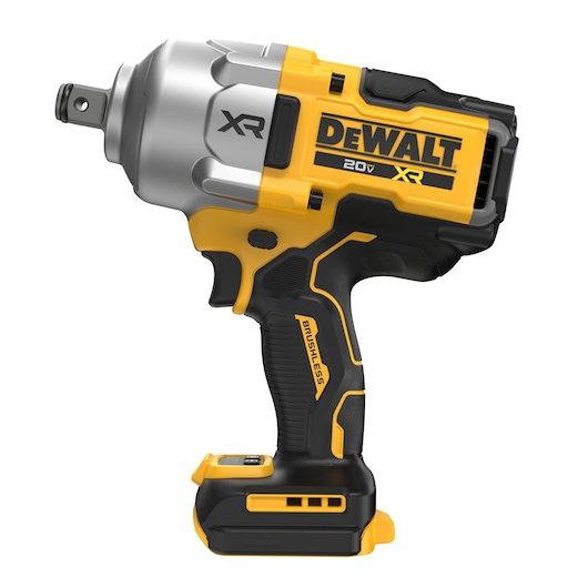 A DEWALT 20V XR cordless impact wrench with a brushless motor, featuring a yellow and black design.
