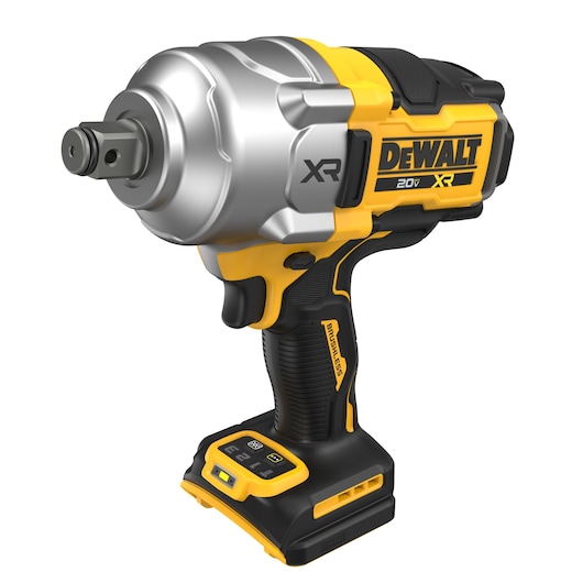 A DEWALT 20V XR cordless impact wrench with a brushless motor, featuring a black and yellow design and ergonomic handle.