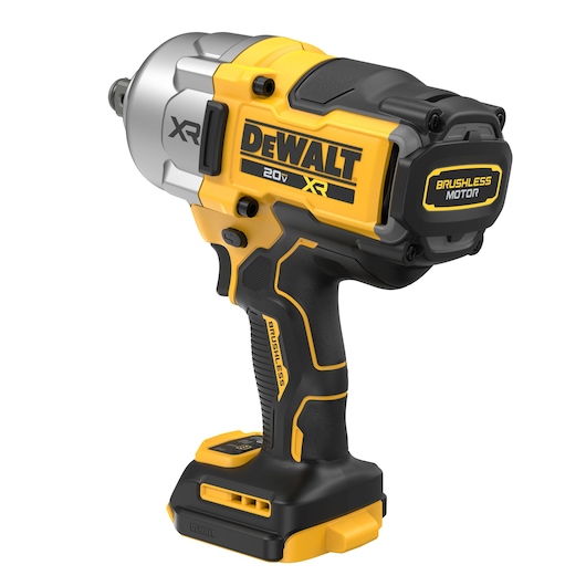 A DEWALT 20V XR cordless impact wrench with brushless motor, shown in black and yellow color. The tool is displayed on a white background.
