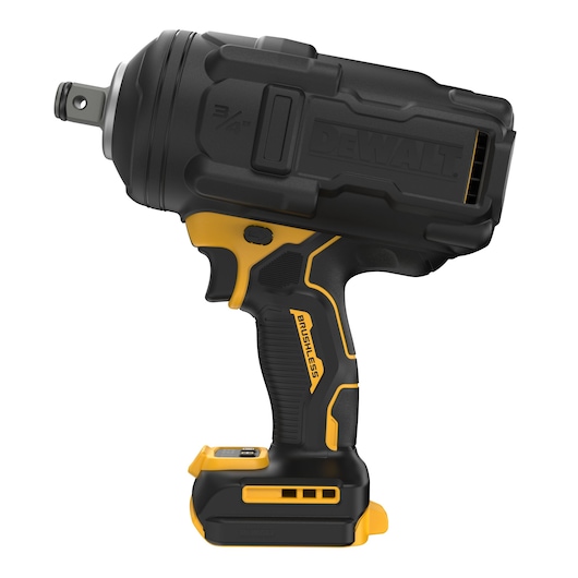 A DEWALT cordless brushless impact wrench with a 3/4-inch drive, featuring a black and yellow ergonomic handle and a robust, compact design.