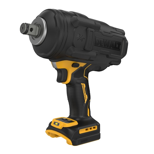 A DEWALT cordless brushless impact wrench with a 3/4-inch drive, yellow and black in color, shown without a battery pack attached.