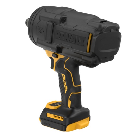 A DEWALT cordless brushless impact wrench featuring a black and yellow design, with a visible DEWALT logo on the side, a trigger, and an ergonomic handle. The tool has a detachable battery base and is marked with 3/4 inch on the front.