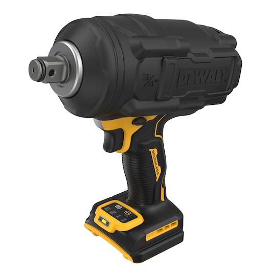 A black and yellow DEWALT cordless impact wrench, model DCF964B, with a brushless motor and ergonomic grip. The tool features a 3/4 inch drive and electronic controls on the base.