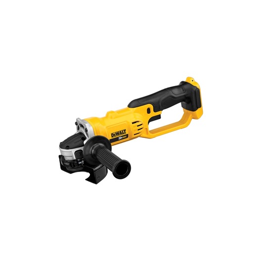 A DEWALT 20V MAX cordless angle grinder with a yellow and black body, black handle, and detachable side grip, shown against a white background.