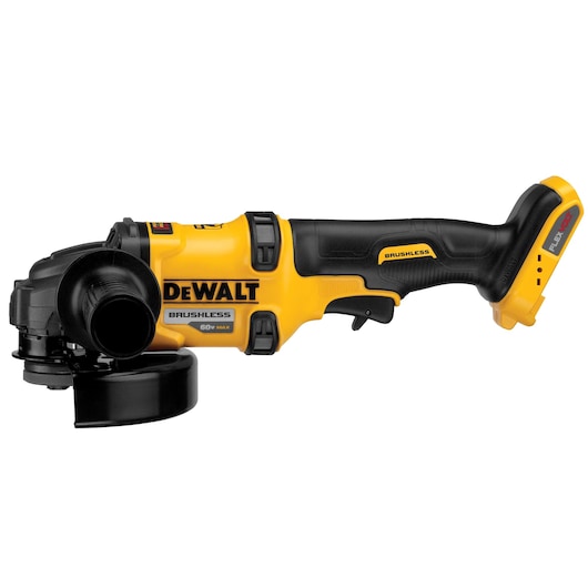 A DEWALT brushless cordless angle grinder, 60V MAX FLEXVOLT model, shown in yellow and black color.
