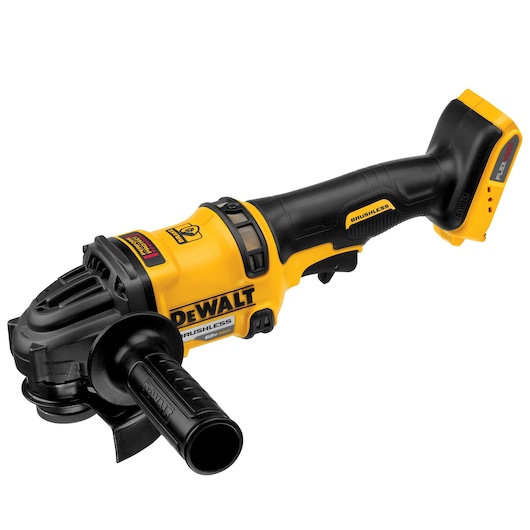 A yellow and black DEWALT cordless angle grinder with a side handle, brushless motor, and battery slot at the end of the handle.