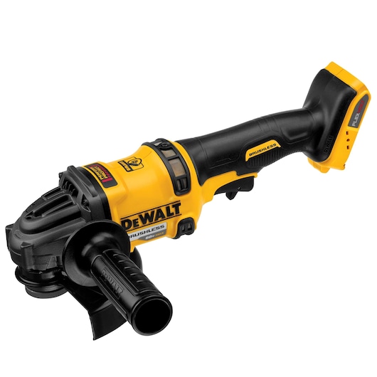 A yellow and black DEWALT cordless angle grinder with a side handle, labeled brushless and FLEXVOLT, shown on a white background.