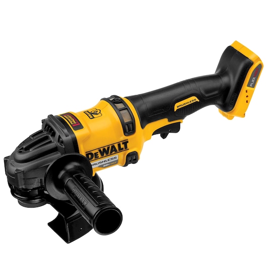 A yellow and black cordless angle grinder from DEWALT with a side handle and brushless motor, shown at an angle.
