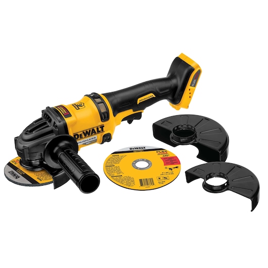 A DEWALT cordless angle grinder with a yellow and black design, shown with two protective guards and a grinding disc placed next to it.