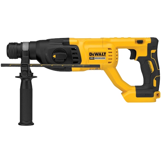 A yellow and black DEWALT cordless rotary hammer drill with a side handle and depth gauge, designed for heavy-duty drilling tasks.
