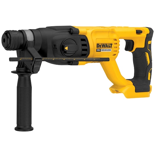 A DEWALT 20V brushless rotary hammer drill with a yellow and black body, featuring an ergonomic handle and side grip.