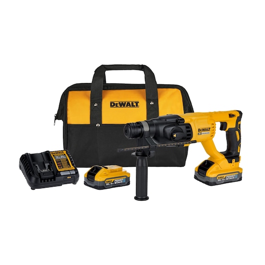 A DEWALT cordless rotary hammer drill kit, including a yellow and black rotary hammer drill, two batteries, a battery charger, and a matching yellow and black tool bag.