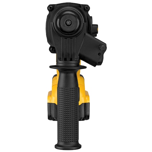 Front view of a yellow and black DEWALT cordless rotary hammer drill, showing the textured grip handle and the upper motor housing.