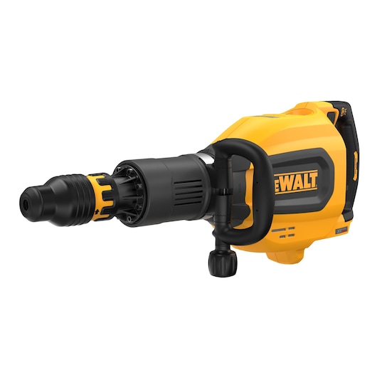 A yellow and black DEWALT rotary hammer drill with a large handle and robust front section, shown against a white background.