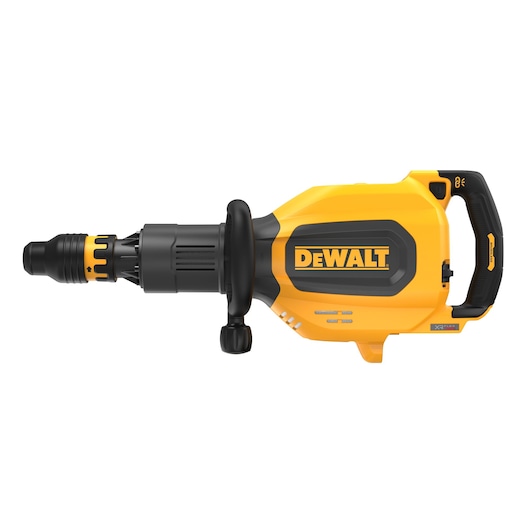 A DEWALT cordless demolition hammer tool, featuring a yellow and black body, ergonomic handle, and side auxiliary handle.
