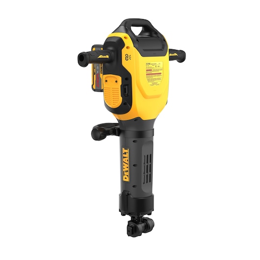 A yellow and black DEWALT cordless demolition hammer with two side handles and a visible battery pack.