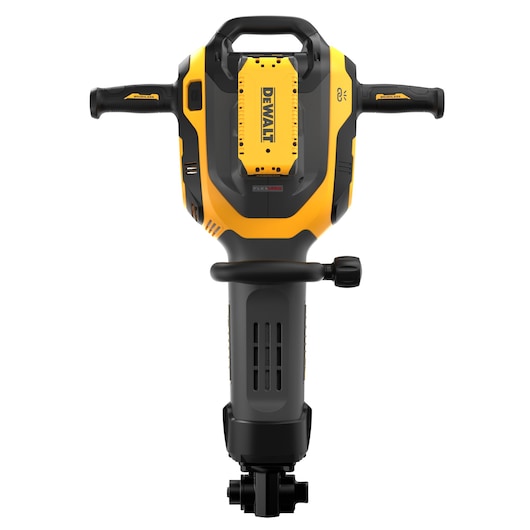 Front view of a DEWALT branded electric jackhammer with yellow and black coloring, featuring dual handles and a central battery slot.