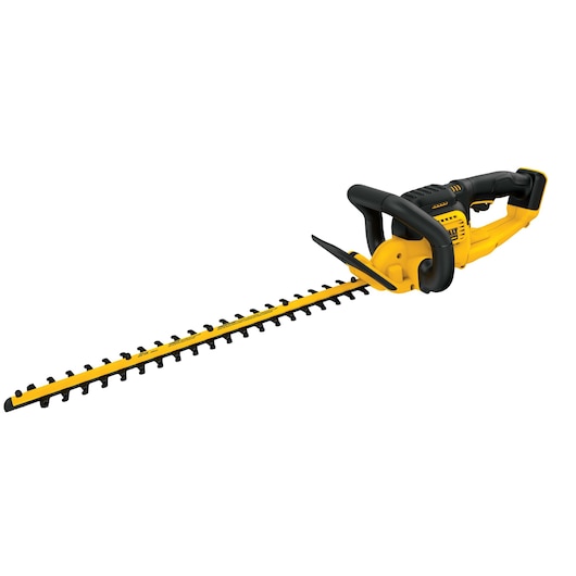 A yellow and black cordless hedge trimmer with an elongated blade, designed for trimming hedges and bushes. The tool has ergonomic handles for easy grip.