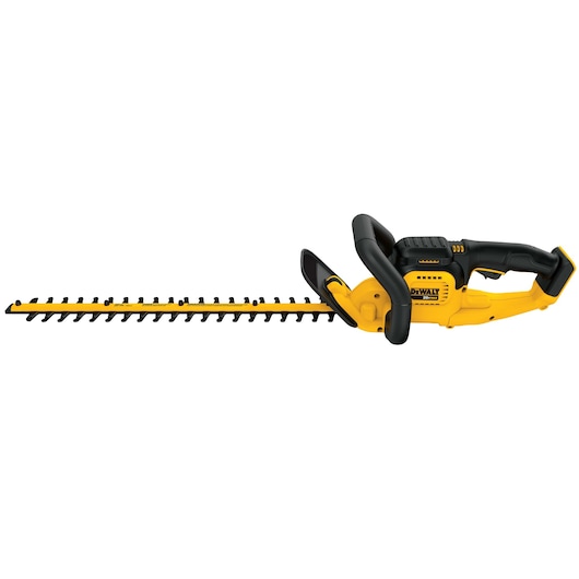 A yellow and black DEWALT cordless hedge trimmer with a long blade and ergonomic handle, designed for cutting and trimming hedges.