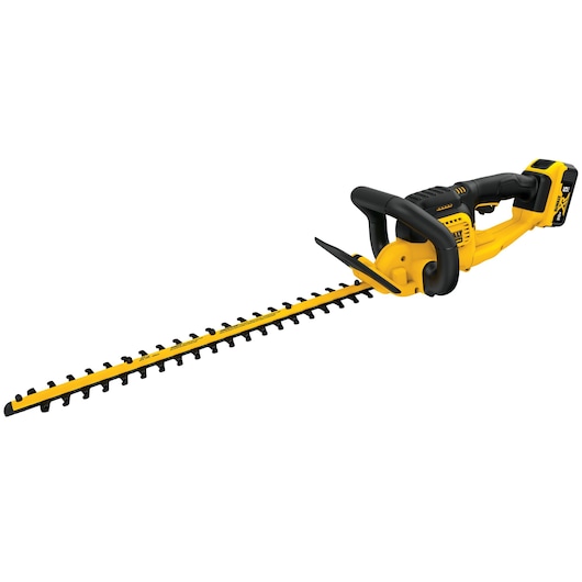 A DEWALT cordless hedge trimmer with a yellow and black design, featuring a long blade and ergonomic handle. The tool is shown with a battery attached.