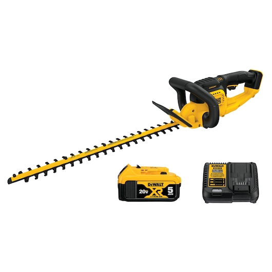 A yellow and black cordless DEWALT hedge trimmer, shown with a 20V XR lithium-ion battery and a charger. The hedge trimmer features a long blade and ergonomic handles.