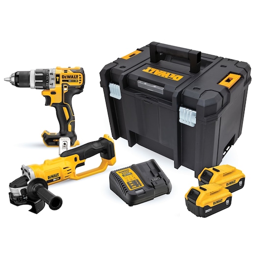 DEWALT tool kit containing a cordless drill, a cordless angle grinder, a charger, two 20V batteries, and a black carrying case with yellow accents, all arranged on a white background.