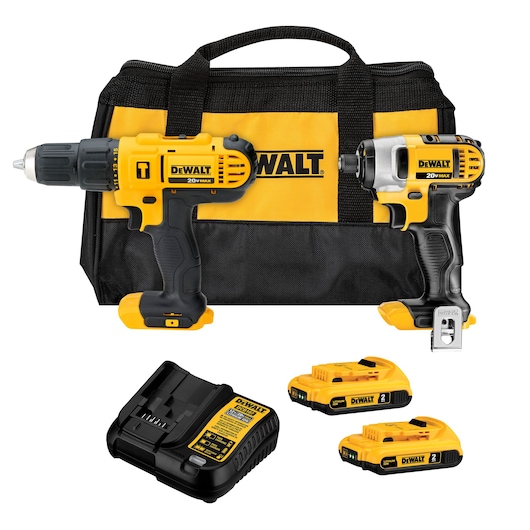 DEWALT cordless drill and impact driver set with a black and yellow carrying bag, two battery packs, and a battery charger.