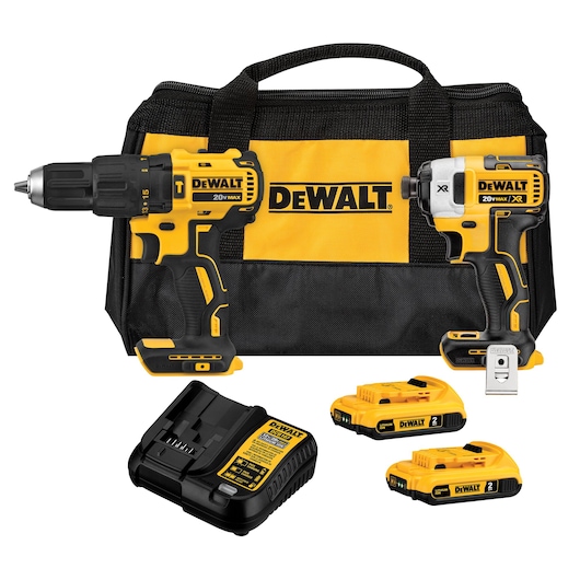 DEWALT cordless tool set including a 20V drill, an impact driver, two batteries, a charger, and a yellow and black carrying bag.