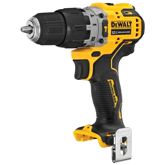 A Dewalt 12V brushless cordless drill with a black and yellow design, featuring a metal belt clip attached to the base.