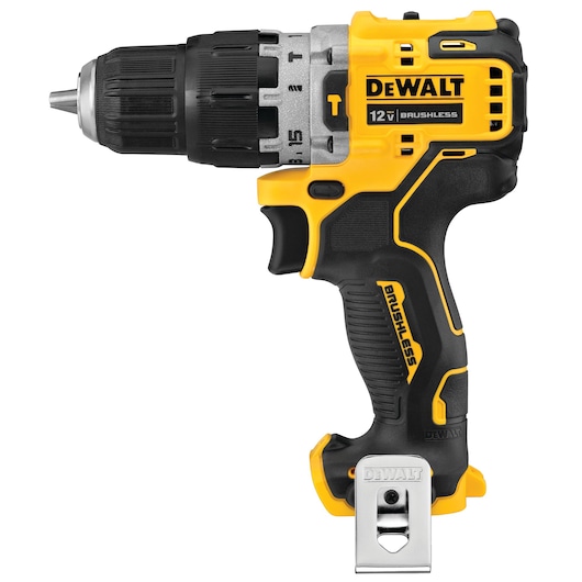 A DEWALT 12V brushless cordless drill with a yellow and black design, showing the side profile. The drill features a metal belt clip and adjustment settings on the front.