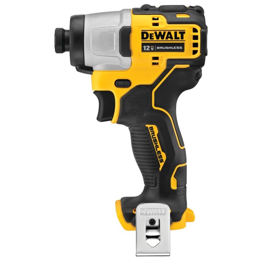 A DEWALT 12V brushless cordless impact driver, featuring a yellow and black ergonomic design with a metal belt clip attached at the base.