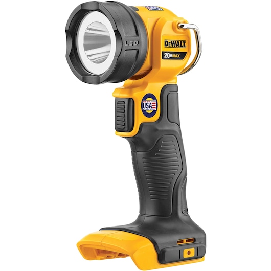 A DEWALT DCL040 20V MAX LED handheld work light, predominantly yellow and black, with an ergonomic grip and a USA built label on the side.