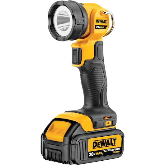 A DEWALT DCL040 portable LED work light with a yellow and black design, featuring a 20V MAX lithium ion battery. The light is standing upright and is suitable for photography or worksite illumination.