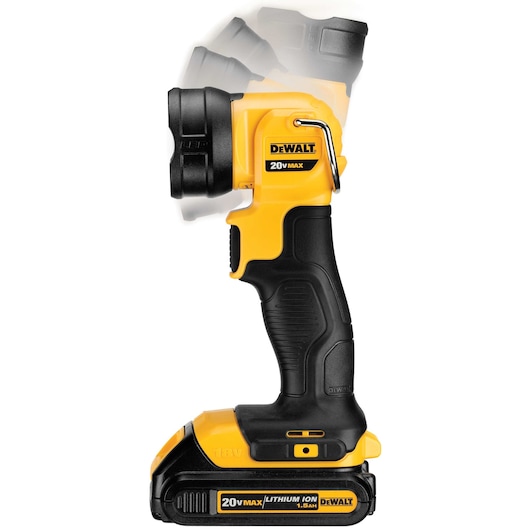 A DEWALT 20V MAX lithium ion cordless LED work light with a pivoting head, black and yellow in color. The image shows the adjustable head in several positions to highlight its flexibility.