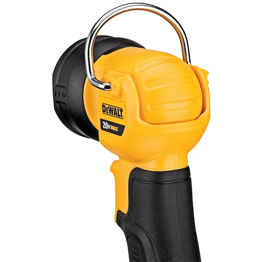 A close-up image of a DEWALT 20V Max handheld LED work light, featuring a yellow and black body with a metallic handle at the top.