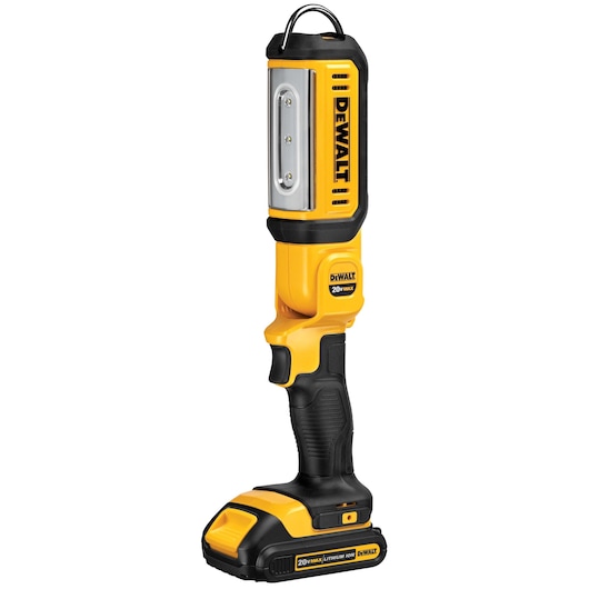 A DEWALT portable LED work light with a yellow and black design, featuring a handle for easy grip and a rectangular LED light head.