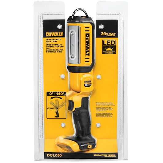 A packaged DEWALT 20V MAX LED handheld work light, model DCL050. The work light is yellow and black, with an adjustable head, and is designed for portable use. The packaging details its features, including 500/250 lumens brightness and a rotating head that adjusts from 0 to 140 degrees.