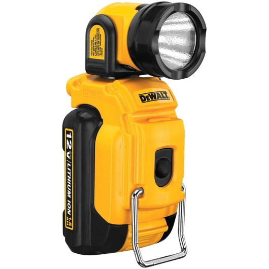 A DEWALT DCL510 12V lithium ion cordless LED work light in yellow and black, featuring an adjustable head and a metal hook for hanging.
