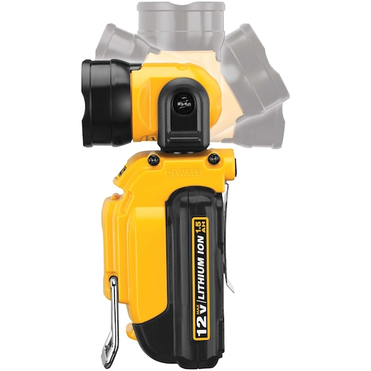 A DEWALT DCL510 portable LED work light with a 12V lithium-ion battery. The product is yellow and black and features an adjustable head shown in multiple positions.